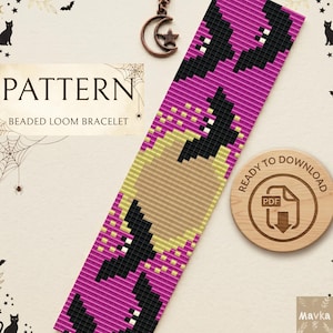 May include: A digital pattern for a beaded loom bracelet featuring a repeating design of black bats against a vibrant magenta background with a large yellow moon. The text reads PATTERN BEADED LOOM BRACELET and READY TO DOWNLOAD with a PDF icon.