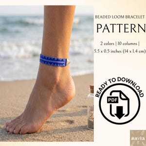 May include: A blue and white beaded loom bracelet pattern is shown on an ankle. The bracelet is 5.5 x 0.5 inches. The text on the image says "Beaded Loom Bracelet Pattern" and "Ready to Download PDF".