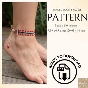 May include: A beaded loom bracelet pattern is shown in this image. The bracelet is red, white, and black, with a silver clasp and a dangling red bead. The text on the image says "PATTERN" and "READY TO DOWNLOAD". The bracelet measures 7.99 x 0.5 inches.