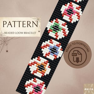 Könnte beinhalten: Ein Perlenwebarmband-Muster mit schwarzem Hintergrund und einer Reihe bunter, kreisförmiger Augendesigns in Rot, Weiß, Grün, Blau und Orange. Das Bild enthält den Text PATTERN BEADED LOOM BRACELET und READY TO DOWNLOAD.