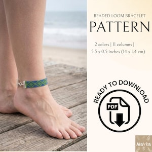 May include: A beaded loom bracelet pattern is shown, featuring a blue and green geometric design. The pattern is for 2 colours and 11 columns, with dimensions of 14 x 1.4 cm. The text "READY TO DOWNLOAD" and a PDF icon are also visible.