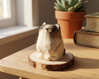 Miniature Carved Wooden Cat Figurine - Small Desk Ornament and Cozy Home Decor - Cute Basswood Pet Sculpture - Cat Lover Desk Accessory