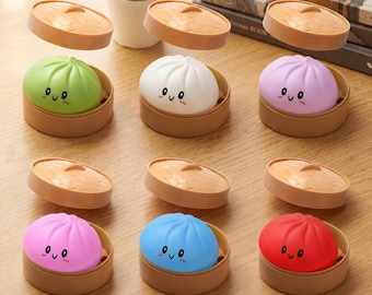 Viral Mystery Dumpling Blind Box - Soft Slow-Rise Bao Bun Squishy Fidget Toy in Mini Steamer Basket - Stress Relief Desk Toy