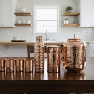 Może przedstawiać: Zestaw miedzianych naczyń kuchennych, w tym butelka na wodę, szklanki, dzbanek i duży dozownik wody z kranem. Przedmioty ustawione są na ciemnym drewnianym stole w jasnej kuchni.