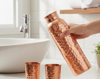 Ayurveda 100% Pure Hammered Copper Bottle 1 ltr Copper Bottle With Handmade Texture- Copper Water Bottle Hammered - Reusable, Detox with jug