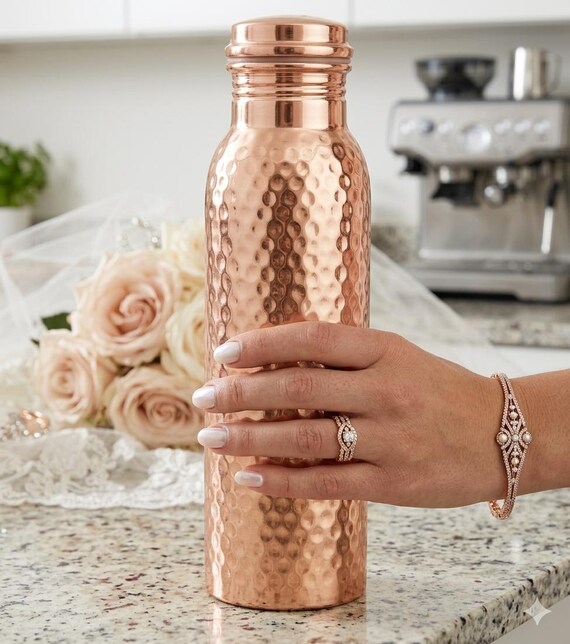 Ayurveda 100% Pure Hammered Copper Bottle 1 ltr Copper Bottle With Handmade Texture- Copper Water Bottle Hammered - Reusable, Detox - Gift