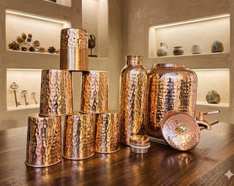 Ayurvedic 100% Pure Hammered Copper Water Dispenser Set with Bottle & 6 Glasses | Handmade Indian Drinkware Gift