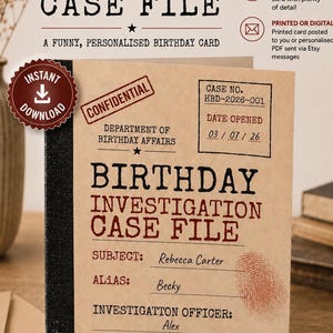 Può includere: Un biglietto di compleanno color marrone chiaro progettato come un fascicolo d'indagine riservato. Il fronte presenta testo nero e rosso, un'impronta digitale rossa e timbri con la scritta CONFIDENTIAL e TOP SECRET.