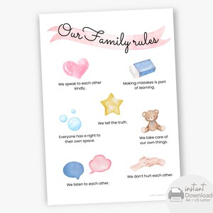 May include: A printable poster with the text "Our Family Rules" in a pink banner. The poster features watercolor illustrations of a pink heart, a blue eraser, a yellow star, bubbles, a teddy bear, a blue speech bubble, a pink speech bubble, and hands.