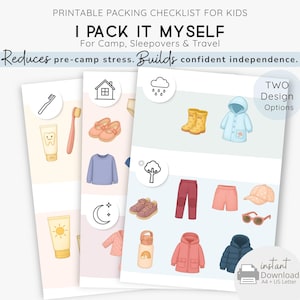 Op de afbeelding: Printbare paklijst voor kinderen met de tekst "I Pack It Myself". De checklist bevat illustraties van kleding en toiletartikelen. De tekst luidt "Vermindert pre-kampstress. Bouwt zelfverzekerde onafhankelijkheid op."
