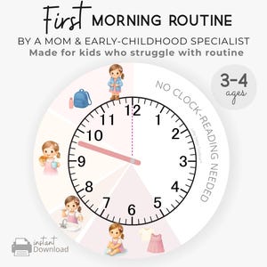 Könnte beinhalten: Ein kreisförmiges Diagramm, das eine Morgenroutine für Kinder darstellt. Es zeigt ein Zifferblatt mit Zeigern auf 9:50 Uhr. Der Text lautet "First Morning Routine" und "Made for kids who struggle with routine". Das empfohlene Alter ist 3-4 Jahre.