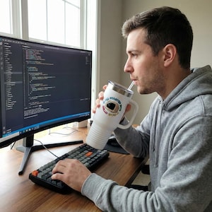 May include: A white insulated tumbler with a handle and a straw. The tumbler has a colorful sticker that says "IT ALL STARTED WITH HELLO WORLD". The person is drinking from the tumbler while working on a computer with code on the screen.