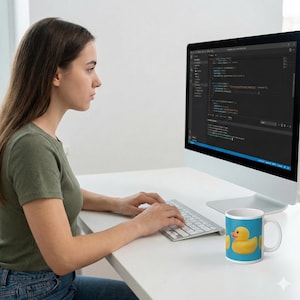 May include: A white ceramic mug with a blue background and a yellow rubber duck design sits on a white desk. A person is typing on a keyboard in front of a computer monitor displaying code.