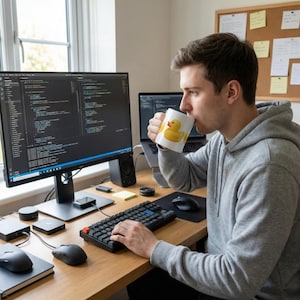 May include: A person is drinking from a white mug with a yellow rubber duck design. The person is sitting at a desk with a computer monitor displaying code, a keyboard, and a laptop. The desk is made of wood.