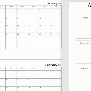 Puede incluir: Un planificador en blanco con páginas de calendario para enero y febrero de 2026, y un diseño de planificador semanal. El planificador semanal incluye secciones para cada día y una sección de notas. El texto "Weekly Planner" está en la parte superior.