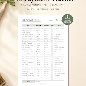 Bill Payment Tracker | Monthly Budget Planner (Fillable PDF)