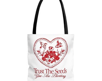 Bolsa de mano con corazón floral Trust The Seeds | Frase inspiradora, diseño botánico