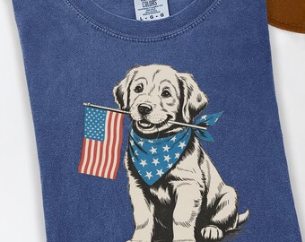 Patriotic Dog Shirt, 4th of July Puppy Tee, American Flag Dog Lover Shirt, Cute USA Puppy Graphic, Dog Mom Gift Independence Day Shirt