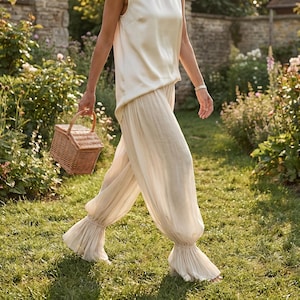 Cream Textured Bubble Pants | Wide Leg Ruffle Hem Trousers | Romantic Picnic Aesthetic Summer Casual Wear | Flowy Vacation Pant