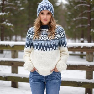 Suéter Fair Isle para mujer / Jersey de punto nórdico / Jersey de cuello redondo acogedor / Suéter de invierno / Top con estampado geométrico / Punto grueso suave