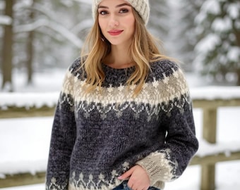 Womens Oversized Knit Sweater | Cozy Fair Isle Pullover | Loose Fit Winter Jumper | Casual Boho Chunky Knit Top | Fall Autumn Fashion