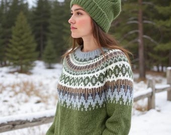 Womens Fair Isle Knit Sweater | Nordic Pattern Crewneck Pullover | Cozy Winter Jumper | Loose Fit Geometric Sweater | Warm Fall Fashion