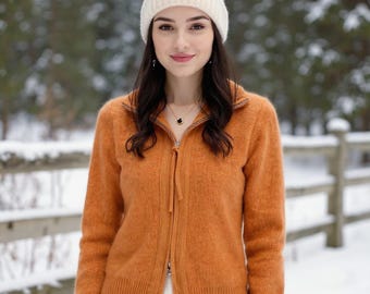 Womens 100% Merino Wool Double Zipper Cardigan | Soft Knit Stand Collar Sweater | Warm Winter Full Zip Wool Jacket | Chic Cozy Top