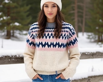 Fair Isle Sweater Women | Nordic Knit Pullover | Cozy Crewneck Jumper | Winter Sweater | Geometric Patterned Top | Soft Chunky Knit