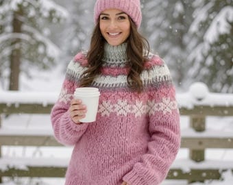 Womens Fair Isle Sweater | Cozy Nordic Knit Pullover | Oversized Mock Neck Winter Jumper | Relaxed Fit Soft Patterned Autumn Fashion Top for