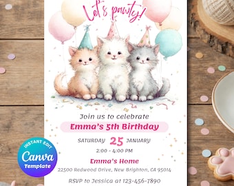 Editable Cat Birthday Invitation for Kids, Let’s Pawty Kitty Party Canva Template