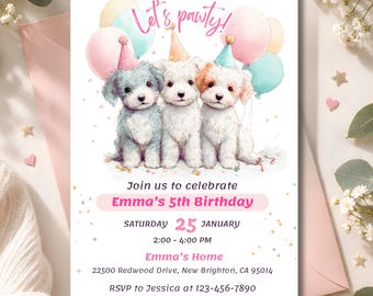 May include: A birthday invitation card featuring three watercolor puppies wearing party hats, surrounded by colorful balloons and the text Let's pawty! Join us to celebrate Emma's 5th Birthday on Saturday 25 January, 2:00 - 4:00 PM at Emma's Home, 22500 Redwood Drive, New Brighton, CA 95014. RSVP to Jessica at 123-456-7890.