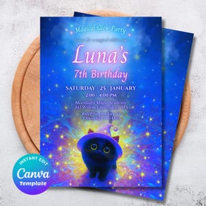 May include: A blue birthday party invitation with the text "Magical Glow Party" and "Luna's 7th Birthday". It features a cartoon black cat wearing a purple witch hat. The invitation includes event details and the Canva Template logo.