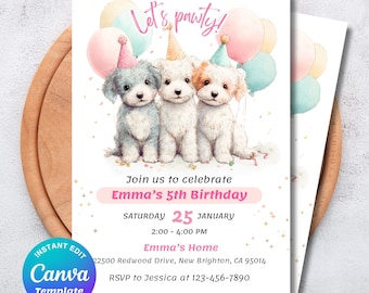 Dog Themed Birthday Invitation for Kids, Let’s Pawty Puppy Party Canva Template