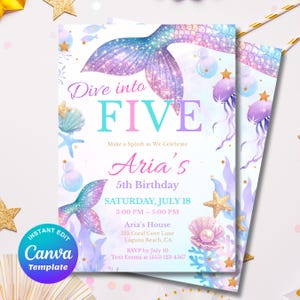 Mermaid 5th Birthday Invitation – Dive into Five – Under the Sea Party – Editable Canva Template