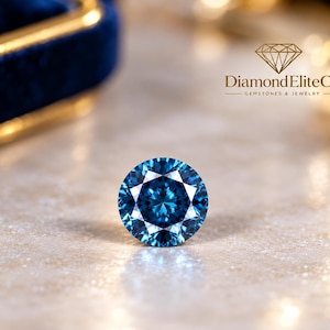 May include: A round, brilliant-cut blue gemstone with multiple facets that reflect light. The stone displays a deep, vibrant blue color. The text Diamond EliteCo GEMSTONES & JEWELRY is visible in the upper right corner of the image.