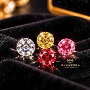 Peut inclure: Quatre pierres précieuses taille brillant en blanc, jaune, rouge et rose, chacune présentant des facettes éclatantes et une réfraction de la lumière. Le texte DiamondEliteCo et une icône de diamant sont visibles dans le coin inférieur droit.
