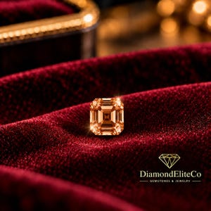 May include: A rectangular emerald-cut champagne-colored gemstone with sharp facets reflecting light, positioned on a deep red velvet fabric. The bottom right corner features the text DiamondEliteCo Gemstones & Jewelry.