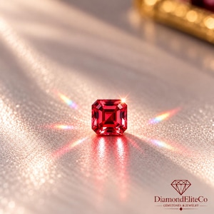 Può includere: Una gemma rosso vivo dal taglio quadrato con sfaccettature nitide che catturano la luce, creando un distinto effetto a stella con rifrazioni luminose color arcobaleno. Il logo di DiamondEliteCo Gemstones & Jewelry è visibile nell'angolo in basso.