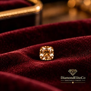 May include: A cushion-cut champagne-colored gemstone with a faceted surface that reflects light. The gem is positioned on a deep red velvet fabric. The bottom right corner features the text DiamondEliteCo GEMSTONES & JEWELRY with a diamond icon.