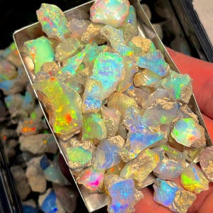 May include: A selection of raw opal gemstones, exhibiting a range of colours such as blues, greens, yellows, and reds. The opals are contained in a small, rectangular metal tray, highlighting their natural, rough textures and iridescent qualities.