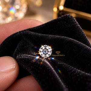 May include: A round, brilliant-cut loose gemstone with high clarity and light dispersion, resting on a piece of black velvet fabric. The small text DiamondEliteCo is printed in gold next to the stone, accompanied by a diamond-shaped icon.
