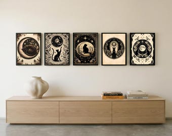 Black Cat Tarot Print, Whimsigoth Wall Art, Witchy Celestial Decor, Galaxy Poster, Digital Download