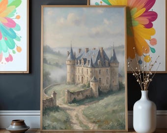 French Chateau Oil Painting, Vintage Castle Wall Art, Cottagecore Decor Print, Digital Download