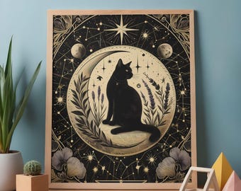 Mystical Black Cat Wall Art, Celestial Tarot Print, Cat Lover Gift, Digital Download