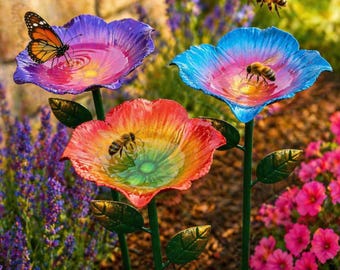 Estaca para bebedero de abejas con forma de flor - Baño para abejas de jardín - Estación de agua para mariposas - Decoración de jardín amigable con los polinizadores - Plato de agua de metal para flores