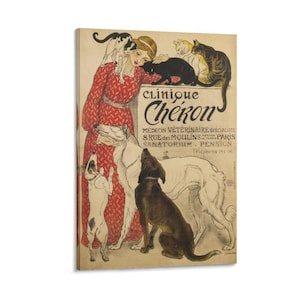 Op de afbeelding: Vintage reclameposter voor Clinique Cheron, een dierenkliniek. De afbeelding toont een vrouw in een rode jurk met katten en honden. De tekst bevat de naam, het adres en het telefoonnummer van de kliniek.