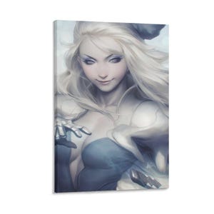 May include: A canvas print of a digital art portrait of a woman with long, flowing white hair and a serene expression. She wears a blue dress with a low neckline. The artwork has a soft, ethereal quality with cool colour tones.