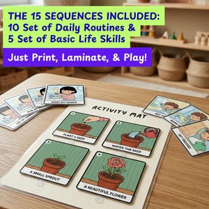 May include: An activity mat with illustrated cards for daily routines and basic life skills. The cards show steps like planting a seed and washing hands. Text on the mat reads "Activity Mat". The image includes the text "Just Print, Laminate, & Play!"
