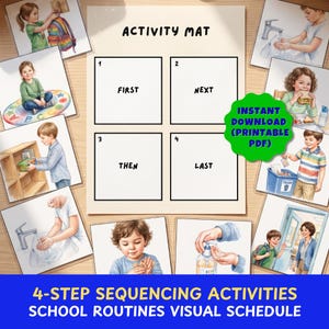 May include: A printable activity mat featuring a four-step sequencing grid labeled First, Next, Then, and Last. The central document is surrounded by eight illustrated cards depicting children performing daily school routines like washing hands and eating.