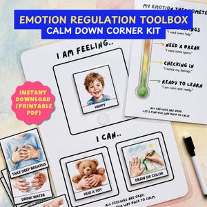 May include: A white Emotion Regulation Toolbox Calm Down Corner Kit with the text "I AM FEELING.." and "I CAN..". The kit includes cards with images and text such as "Happy", "Hug a Toy", and "Draw or Color". The kit is an instant download printable PDF.